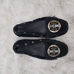 Tory Burch Alexandra Black Suede Leather Moccasins Logo Medallion Size 8 M